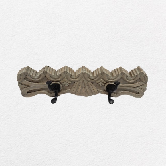 Carved Decorative Solid Wood and Iron 2 Hook Holder - Picture 1 of 2
